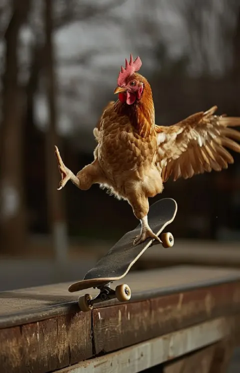 Skateboarding Chicken Mid Kickflip Action Shot