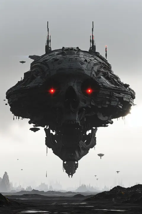 Skull Shaped Black Flying Fortress Warship