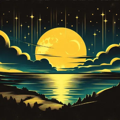 Surreal Moonrise With Neon Stars Minimal Silhouette