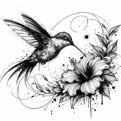 Hummingbird Feeding on Flower Ink Sketch