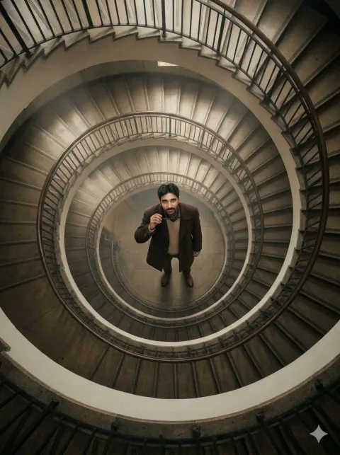 Lone Man in Spiral Staircase Vortex