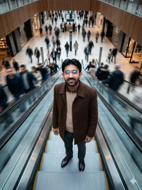Still Man on Futuristic Mall Escalator