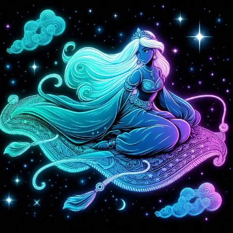 Neon Princess on Flying Carpet Among Stars