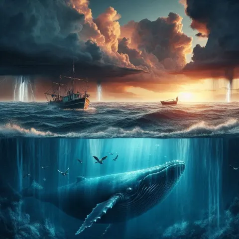Giant Whale Under Storm Boat Half Underwater View