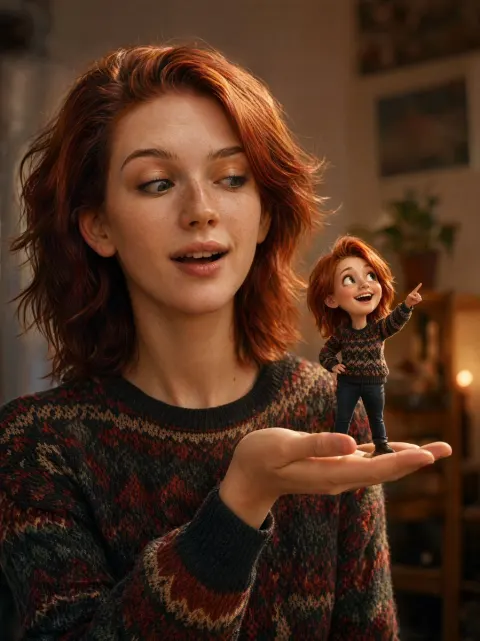 Woman Holds Cartoon Miniature Self