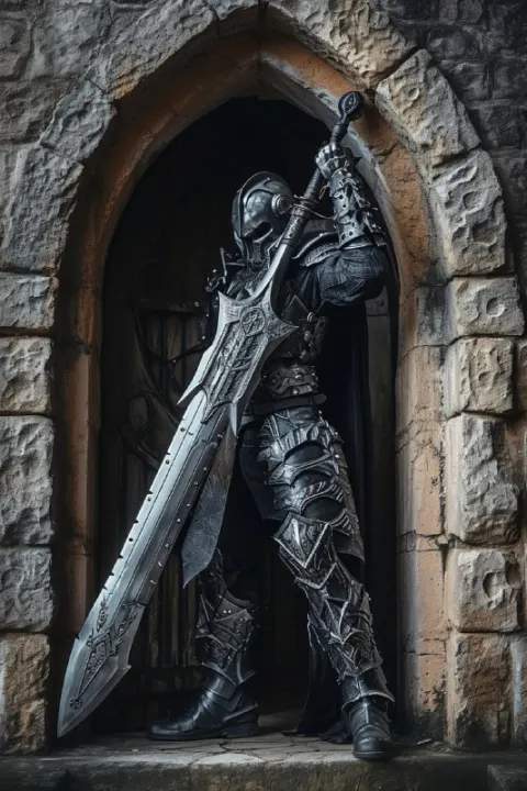 Techno Hero With Giant Sword in Castle Doorway