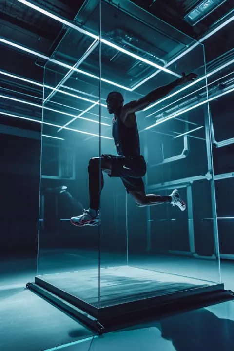 Athlete Suspended in Glass Box Tron Interior