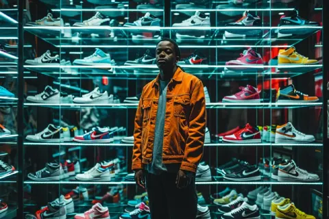 Man Before Wall of Sneakers in Glass Boxes