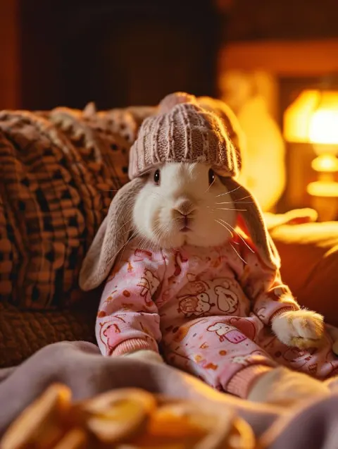 Lop Eared Rabbit in Pink Pajamas on Sofa