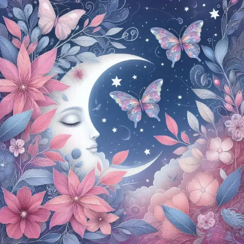 Moon and Stars With Pink Leaves and Butterflies