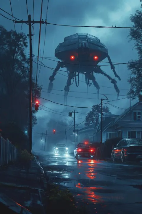 Alien Machine Looming Over Silent Suburbs