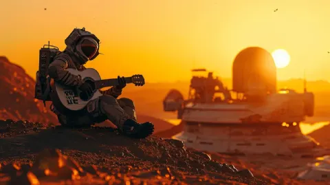 Space Traveler Playing Guitar on Alien Hill