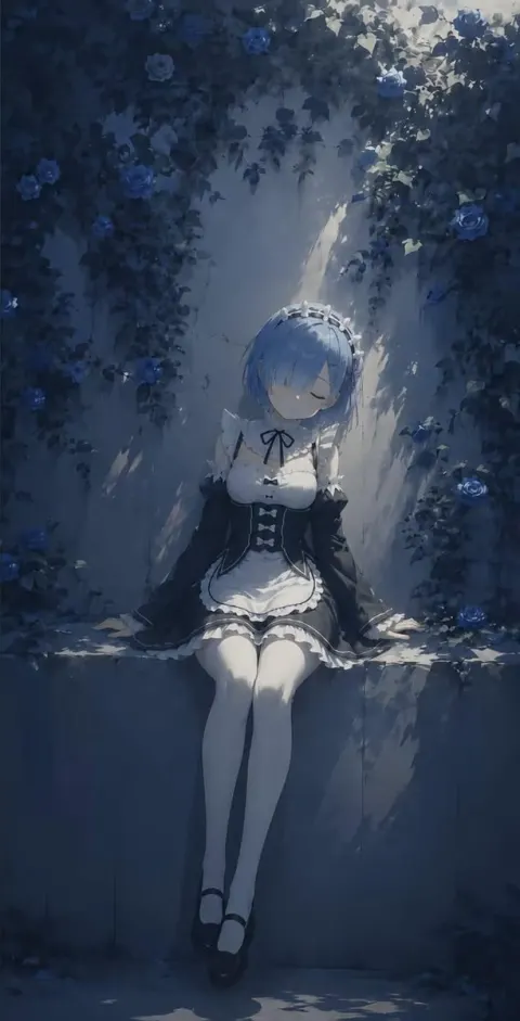 Melancholic Anime Girl on Stone Bench