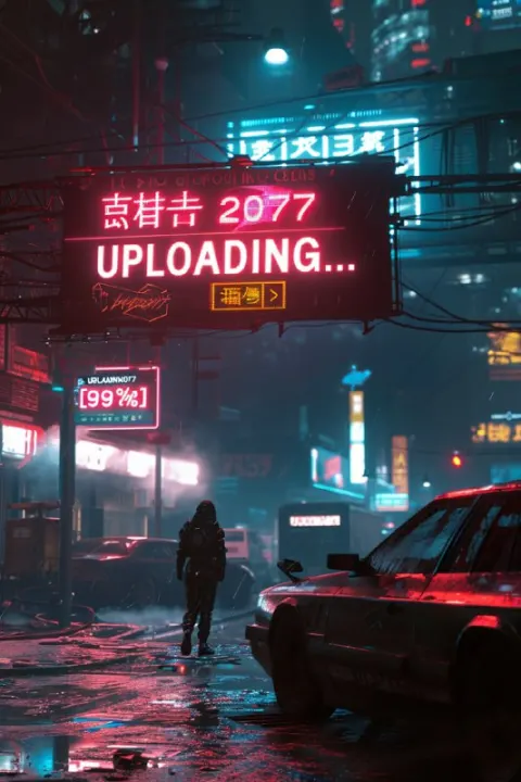 Cyberpunk Billboard Reading 2077 Uploading