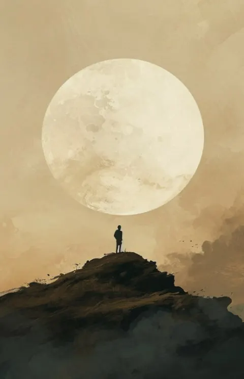 Person on Hill Gazing at Big White Moon