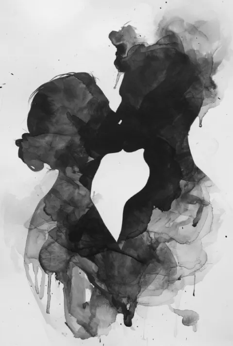 Two People Kissing Minimalist Ink Wash Art