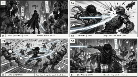 Noir Cyberpunk Sword Fight Storyboard