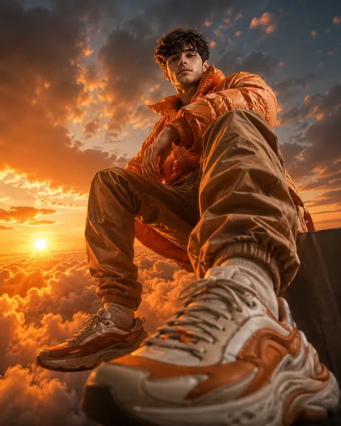 Luxury Streetwear Model on Orange Clouds