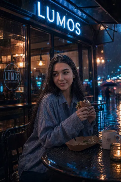 Cinematic Rainy Night Neon Café Scene