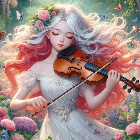 Girl Playing Violin in Blooming Butterfly Garden