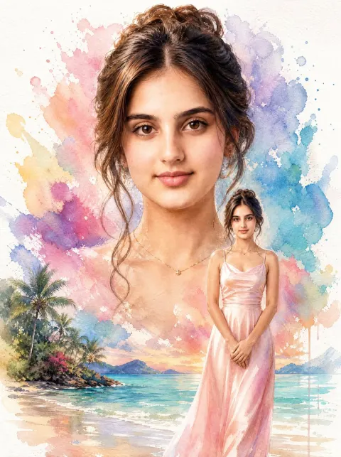 Tropical Beach Watercolor Portrait