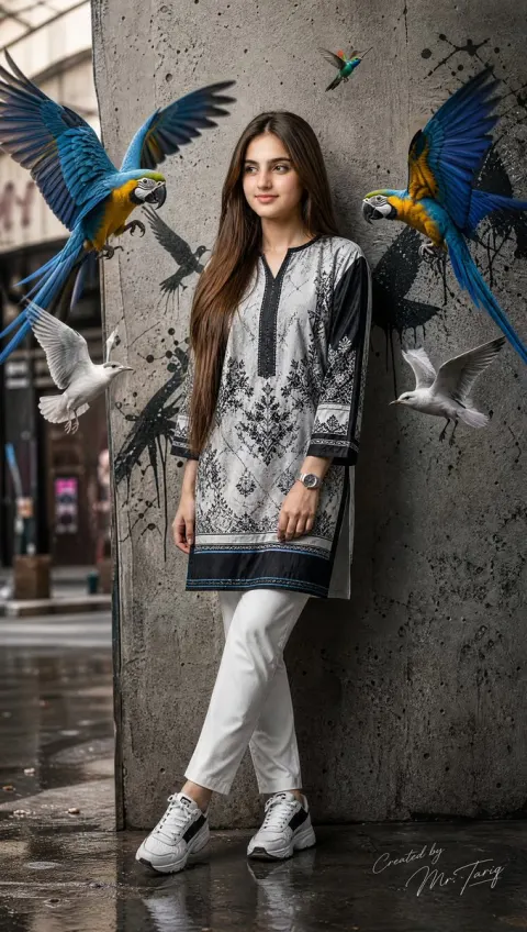 Rainy Street Fashion Portrait With Birds