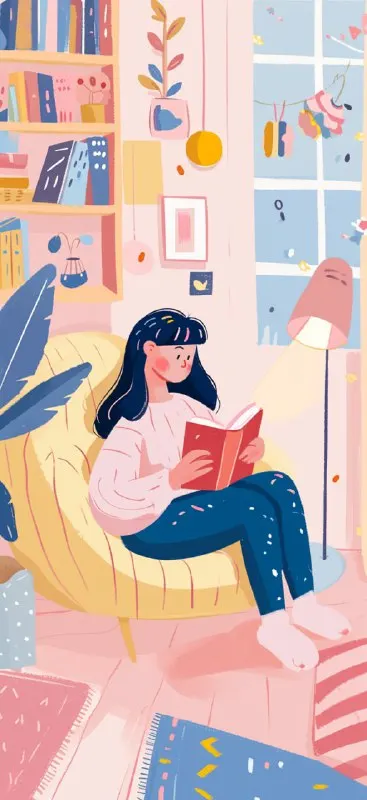 Girl Reading Book at Home Kawaii Gouache Art
