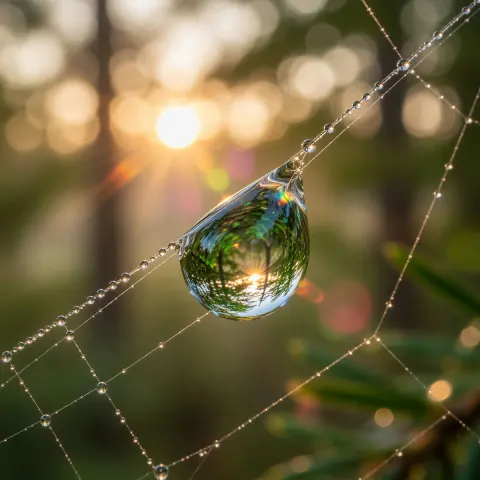 Dewdrop Refracts Sunrise Forest Macro