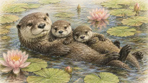 Mother Otter With Pups In Lily Pond