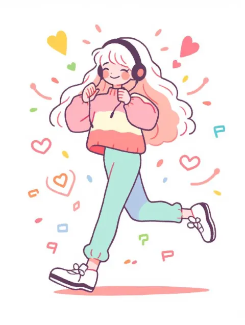 Y2K Girl Listening to Music Pastel Line Art