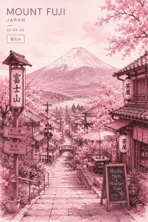 Mount Fuji Spring Sakura Travel Poster