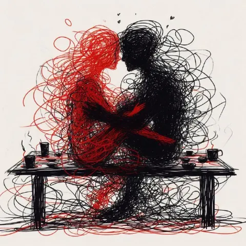 Scribbled Woman and Man at Table Chaotic Drawing