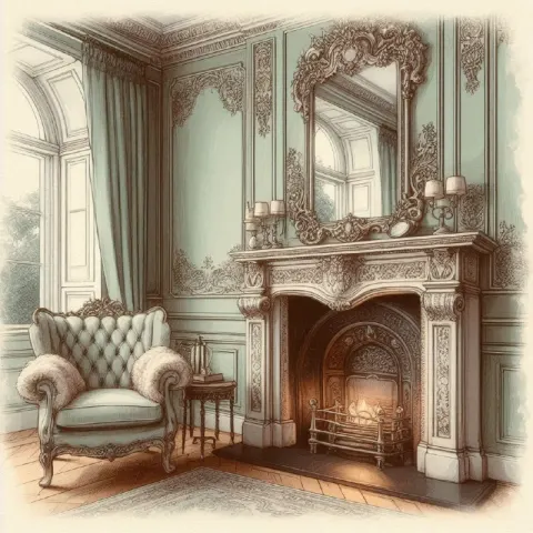 Victorian Fireplace Room in Sage Green Watercolor