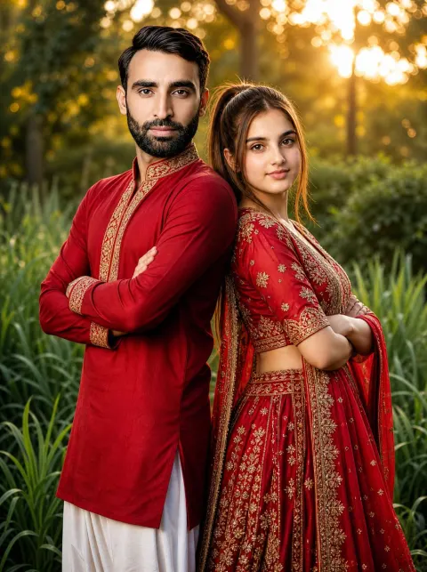 South Asian Couple Cinematic Garden Portrait