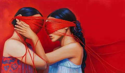 Surreal Blindfolded Women with Red Threads