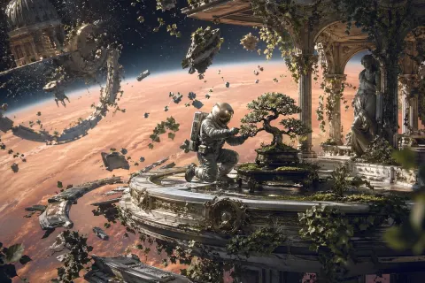 Astronaut Pruning Bonsai in Space