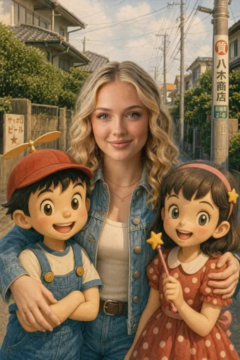 Retro Anime Girl with Cartoon Dolls
