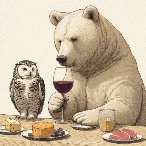 Elegant Bear and Owl Sharing Wine Line Art