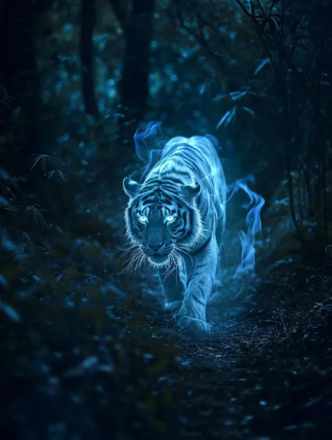 Spectral Ghost Tiger in Moonlit Haunted Forest