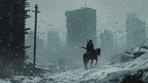 Witch Hunter Riding Into Snowy Ruined City