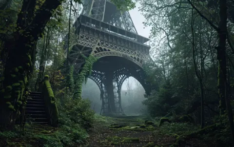 Abandoned Eiffel Tower in Post Apocalyptic Fog