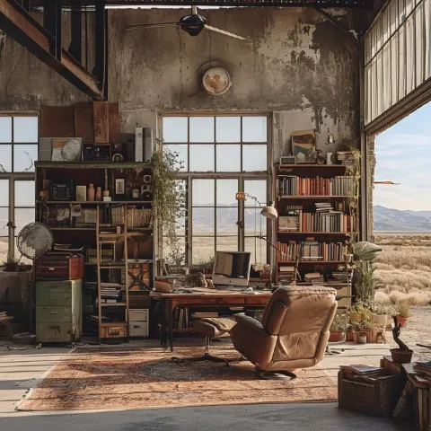 Boho Vintage Office Studio Inside Abandoned Air Hangar