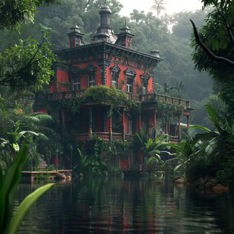 Mysterious Red Victorian Mansion Rising From the Jungle