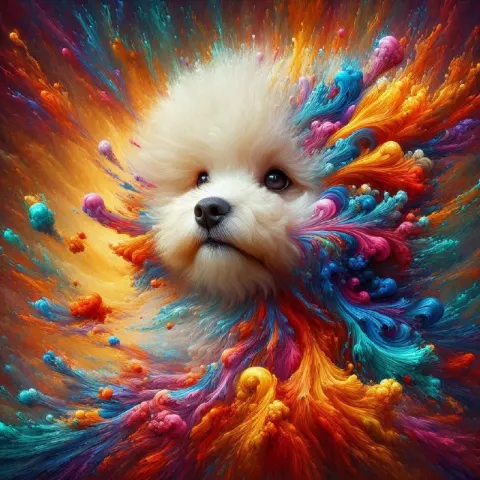 Vibrant Bichon Dog Oil Painting in Fantasy Splash Art Style