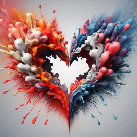 Abstract 3D Paint Splash Forming a Heart on the Left