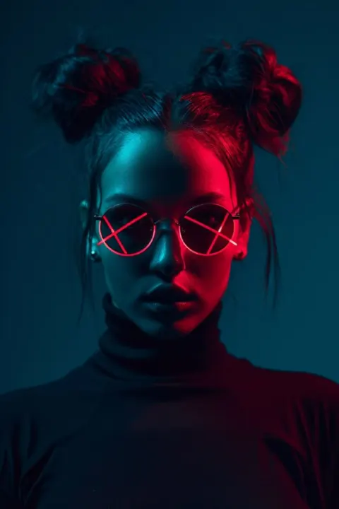 Dark Minimalist Portrait of Woman With Neon X-Shaped Eyes