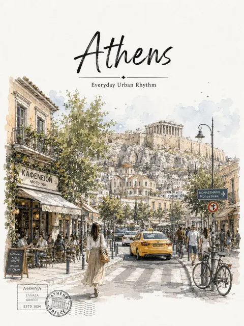 Athens Watercolor Travel Poster
