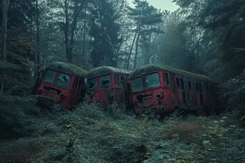 Overturned Electric Locomotives Graveyard in Spooky Forest