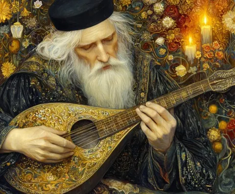 Old Man Playing Lute in Palekh Art