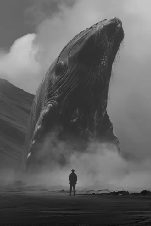 Noir Black and White Giant Whale Swimming Over the Desert